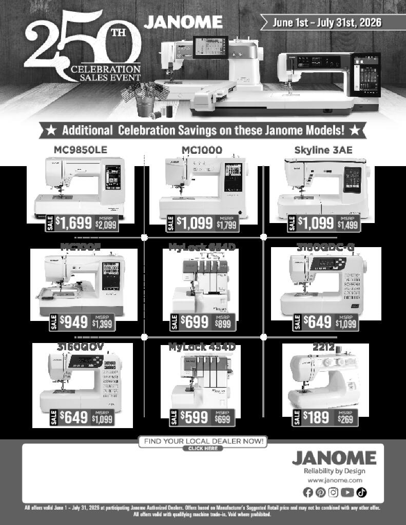 Janome Sewing and Sergers America 250 sale Heartfelt Quilting
